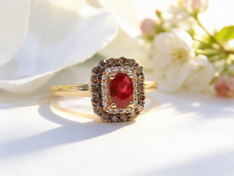 Women's EFFY 1.00ct TW Natural Oval Shape Ruby with Chocolate & White Diamond Ring in Solid 14K Rose Gold