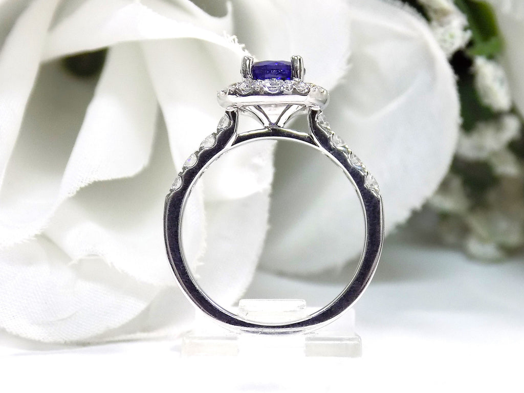 This is a side view of women's halo style 2ct total weight round sapphire and diamond ring in white gold with a white blue background.