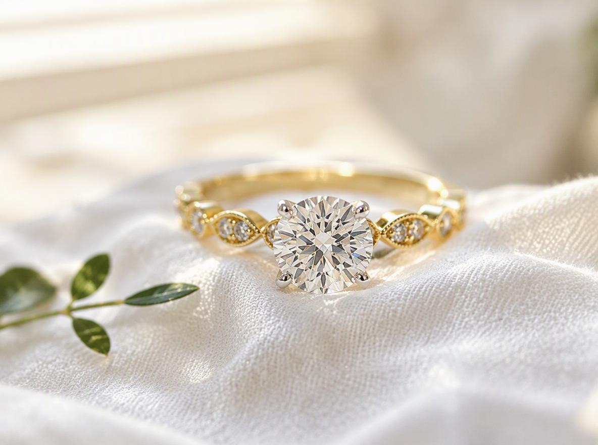 Women's 1.32ct TW Natural Round Brilliant Diamond Engagement Ring with a 1.10ct Round Center in 14K Yellow Gold
